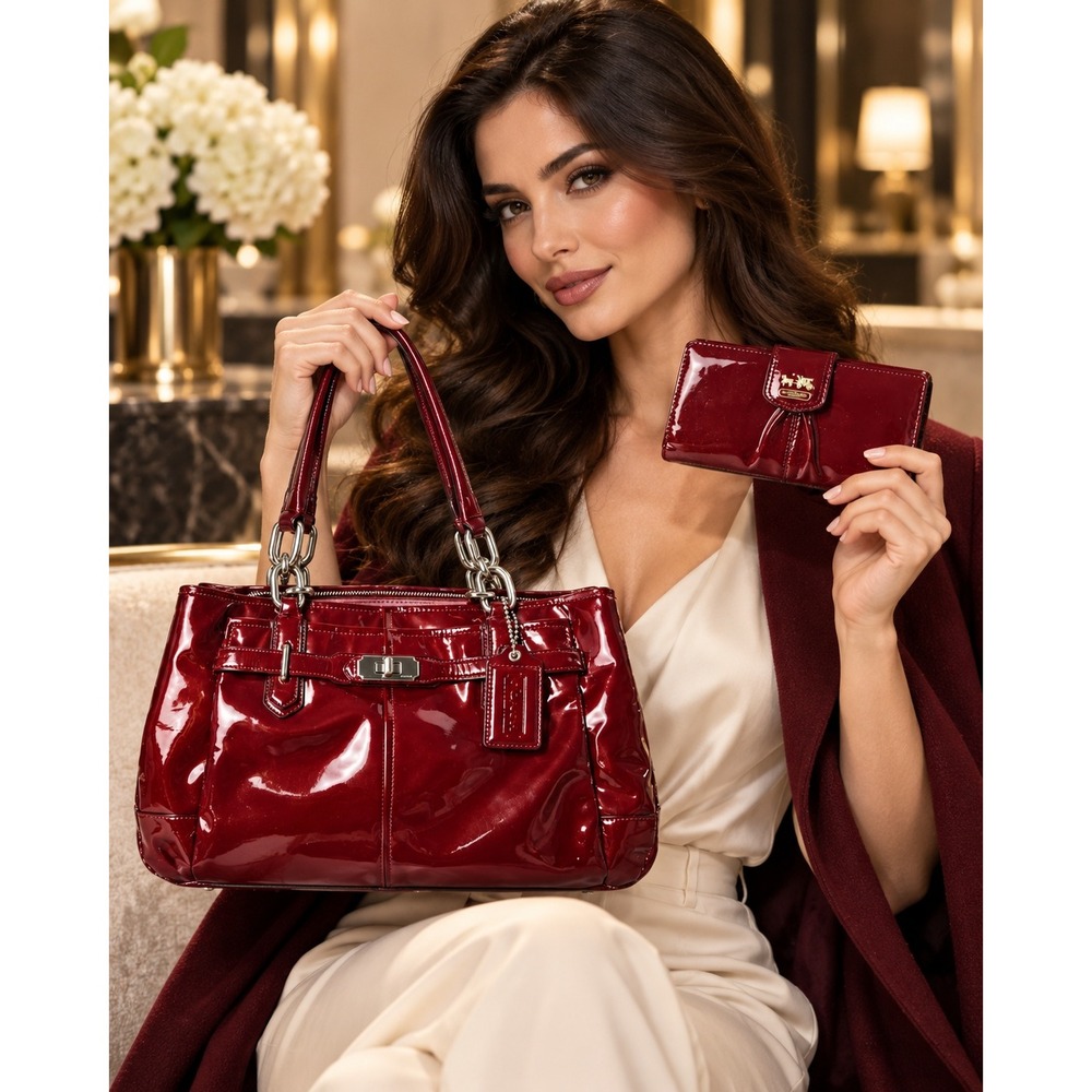 Coach Chelsea Jayden Tote Bag Purse & Wallet Set Burgundy Wine Patent Leather